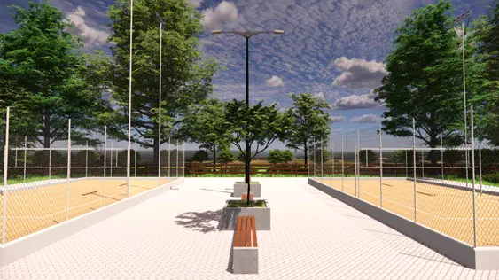 Projeto 3D: quadras de areia e praça arborizada