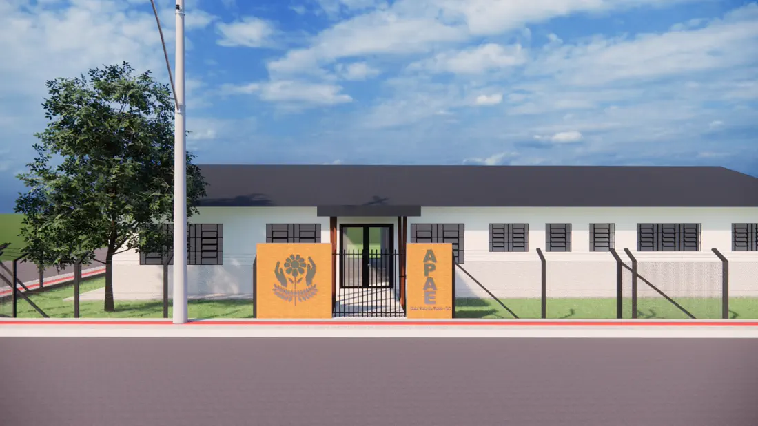 Projeto 3D: fachada de edificação com acesso central