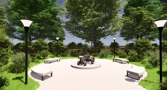 Projeto 3D: praça com monumento e mobiliário urbano