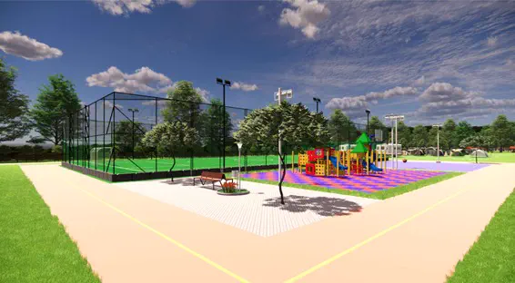 Projeto 3D: complexo esportivo com quadra e playground