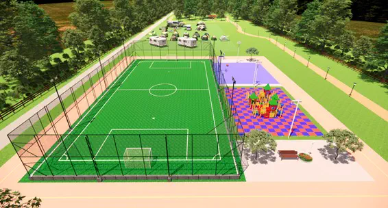 Projeto 3D: vista aérea de campo de futebol e playground